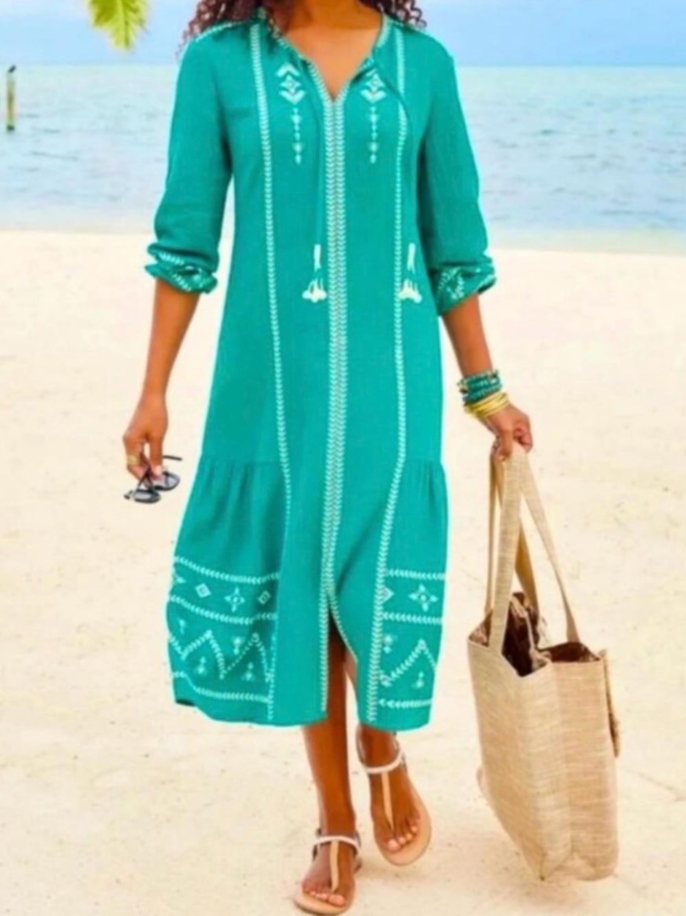 Soft Surroundings Jolie embroidered teal cotton tassel midi dress size small